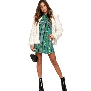 Free People,  Stella Green Print Long Sleeve Mini Dress – Size L